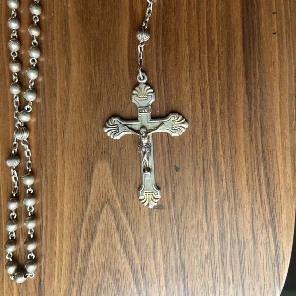 Vintage 1960s Hill Mark 925 STERLING Silver Rosary Bead Necklace Crucifix - Picture 2 of 16